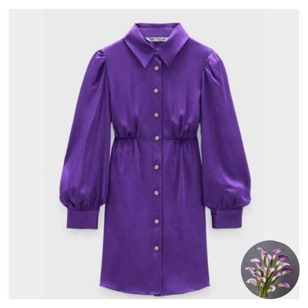 ZARA Royal Purple Satin Shirt Mini Dress Purple Rhinestone Buttons - Size M